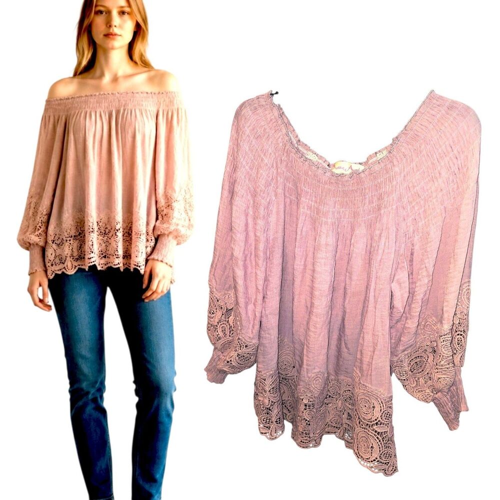 Pretty Angel Sz L Pink Romantic Silk Blend Smocked Upper/Cuffs Lace Trim Blouse